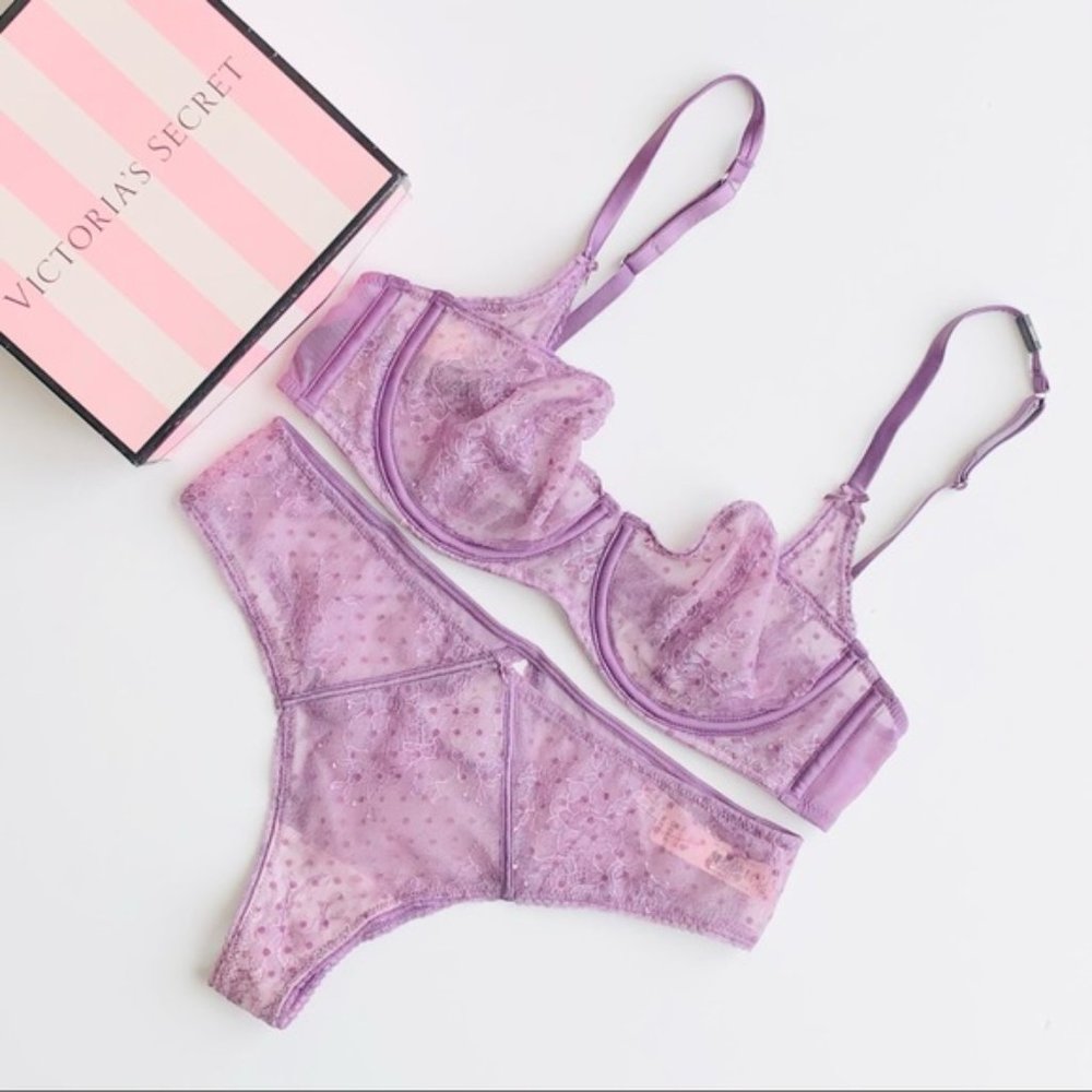 Victoria's Secret Lavender Sheer Lace Underwire Bra & Bikini Set with Sequins